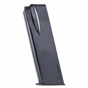 Black pistol magazine standing upright with a flat baseplate and a curved metal body.
