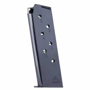 Side view of a seven-round pistol magazine with numbered holes 2 through 7 visible.