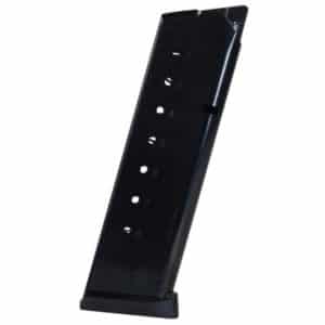 Black pistol magazine standing upright on a small base, showing its round-count holes along the side.