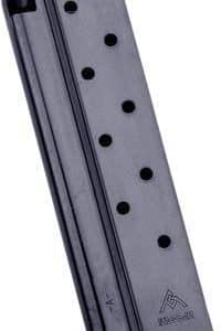 Metal handgun magazine with witness holes along the side and a flat baseplate, photographed at an angle.