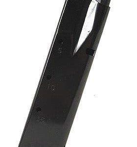 Detachable black pistol magazine with the feed lips at the top and a flat base plate.