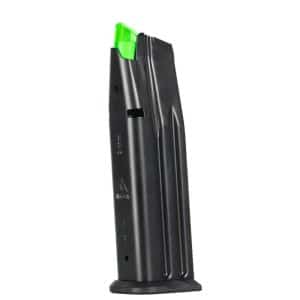 Black pistol magazine with a green follower, standing upright on a white background