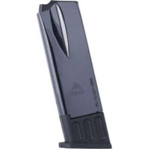 Blue-gray handgun magazine with a black baseplate, shown at an angle.