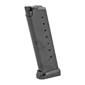 Metal handgun magazine with witness holes, angled upright on a base.