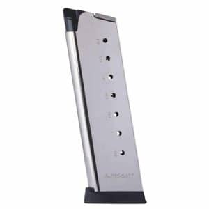 Detachable silver pistol magazine with numbered witness holes (2–8) standing upright on a dark base.