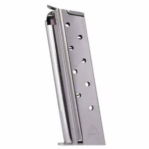 Stainless steel handgun magazine angled against a white background with round witness holes visible along the side