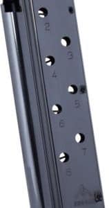 Side view of a blue metal pistol magazine with numbered holes (2–5) indicating round positions