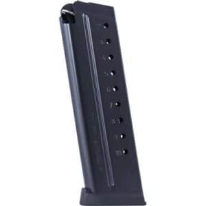 Black metal handgun magazine with round-count witness holes, standing upright with baseplate visible at bottom.