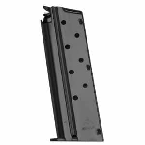 Black metal handgun magazine with visible round witness holes and a flat base plate.