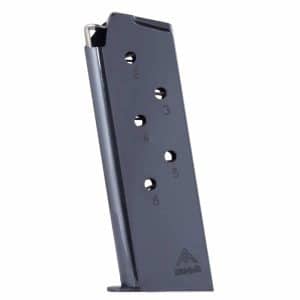Dark gray handgun magazine with round-count holes labeled 2 through 6 and a flat base plate, angled.