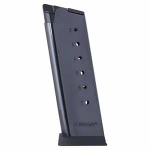 Dark gray handgun magazine with numbered round indicators (2–7) standing upright on a baseplate on a white background, indicating capacity.