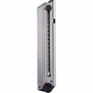 Metal linear depth gauge with a sliding ruler and knobs, used for precision measurement.