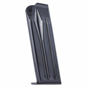 Dark metal pistol magazine standing upright with a curved body and flat baseplate.
