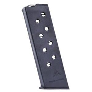 Metal handgun magazine with evenly spaced circular holes, angled to the left, base plate showing 'Made in Italy'