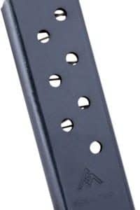 Blue-gray handgun magazine tilted to the side, with several round witness holes showing cartridges