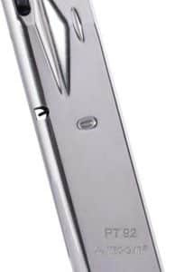 Polished steel PT92 pistol magazine with a black base plate.