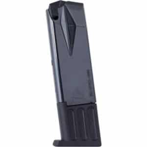 Pistol magazine with a dark finish and ridged baseplate, shown standing upright.