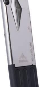 Jet-torch lighter with silver body and black grip, standing upright on a black base.