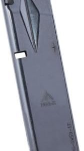 Gray handgun magazine shown from the side with feed lips and base plate.