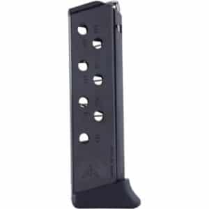 Black semi-automatic pistol magazine showing numbered round-count holes (2, 4, 5, 6, 7, 8) on a curved base.