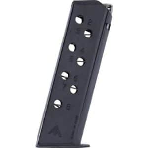 Black handgun magazine with eight round-count holes, showing capacity indicators from 2 to 8 on the side.