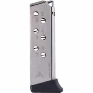 Metal handgun magazine with a black base plate, viewed from the side with numbered feed holes along the chamber side.
