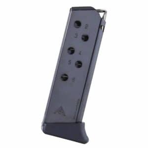 Gray semi-automatic pistol magazine tilted to show cartridge count, with a rounded baseplate and numbered witness holes (2–5).