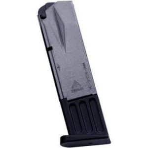 Silver handgun magazine with a black base plate and a textured grip area at the bottom.