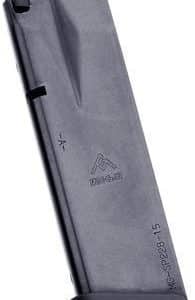 Gray metal handgun magazine with a black base plate, shown at an angle.