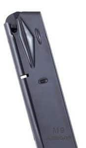 Dark gray M9 handgun magazine shown from the side, standing on its base with feed lips at the top.
