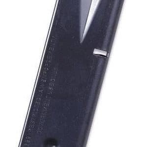 Black handgun magazine shown at an angle with a textured body and a visible feed lip at the top