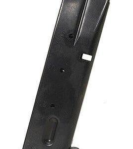 Black pistol magazine standing upright with feed lips at the top and a base plate at the bottomVisual