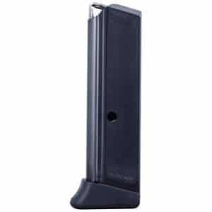 Black pistol magazine standing upright with a curved baseplate, shown from the side