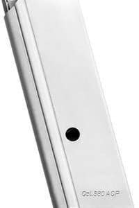 Silver desktop stapler shown from the side, a common office supply used to bind papers.