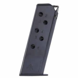 Six‑round handgun magazine shown at an angle, dark gray with numbered slots 2–6 on the side.