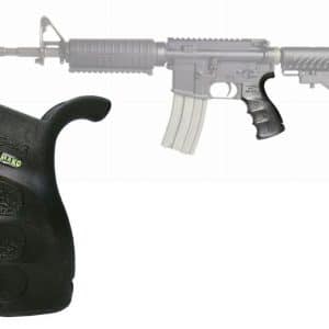 Outline of an assault rifle with a detachable black ergonomic grip sitting in the foreground.