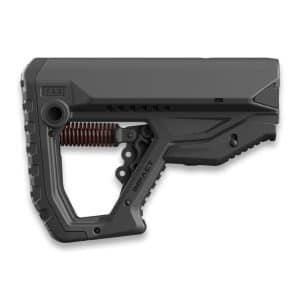 Black tactical firearm stock/brace with ergonomic grip and coil spring mechanism (IMPACT branding)