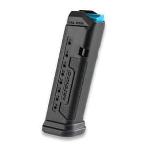 Black handgun magazine with round-count indicators along the side and a blue follower, shown at a slight angle on a white background.