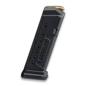 Black 9mm handgun magazine with visible rounds and 'CAL 9X19' marking on the side, angled diagonally