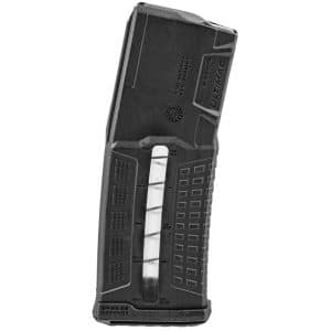 Black pistol magazine with a transparent viewing window showing the round count and numbered indicators at the base (high-capacity magazine).