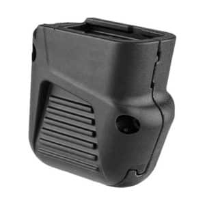 Black camera battery grip adapter with ribbed surface and top slot.