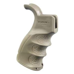 Beige ergonomic pistol grip with textured finger grooves and a curved top hook accessory for a firearm
