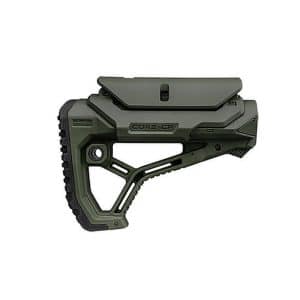 Olive green adjustable rifle buttstock with cheek pad and textured butt pad for recoil control.