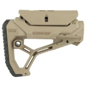 Tan modular rifle stock accessory with integrated skeletal grip and rubber pad, labeled CORE-CP