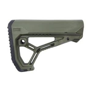 Olive green adjustable rifle stock with skeletal polymer frame and grip pad, shown from the side for a firearm.