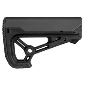 Black adjustable rifle buttstock with a skeletonized, side view showing the hollow frame and mounting area.