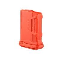 Orange polymer rifle magazine standing upright with a visible base plate at the bottom.