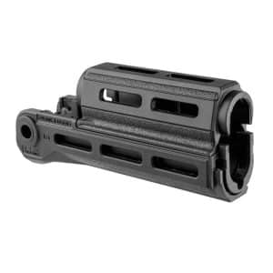 Black modular firearm rail segment with multiple M-LOK slots for attaching accessories (e.g., grips, lights).