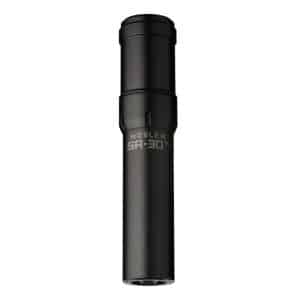 Black Nosler SR-30 rifle suppressor shown in a vertical orientation, matte finish and threaded end visible at the bottom