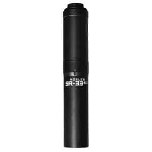 Black cylindrical rifle suppressor-like accessory with NOSLER SR-33 ALT branding against a white background.